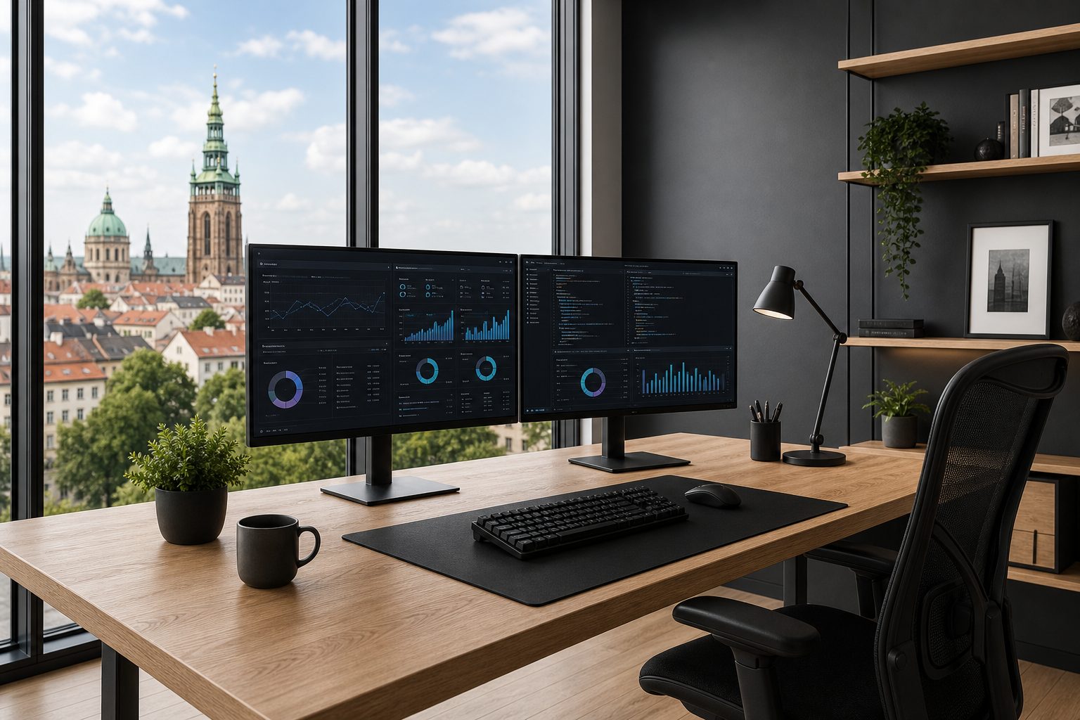 Ruhiger Studio-Arbeitsplatz mit zwei Monitoren und Blick auf eine deutsche Stadt.