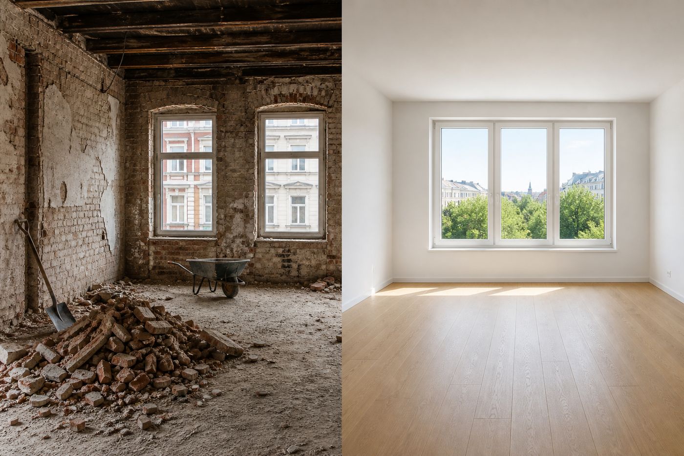 Vorher/Nachher einer Renovierung: Abbruch links, fertiger heller Raum rechts.