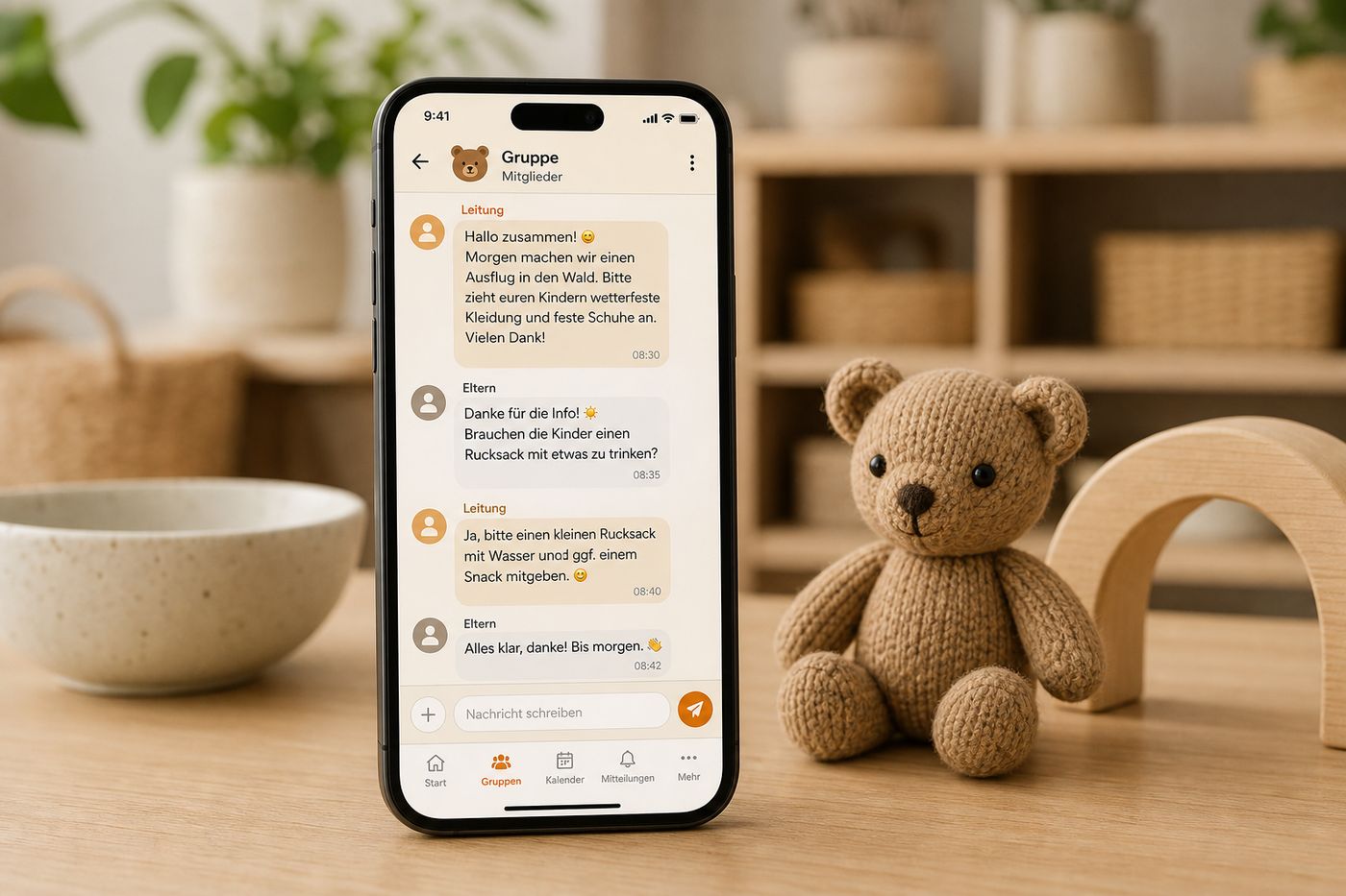 Smartphone mit Gruppen-Chat-App neben einem gehäkelten Teddybären auf einem Holztisch.